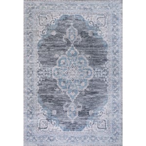 Wincer Chenille Cottage Medallion Machine-Washable Gray/Blue/White 5 ft. x 8 ft. Area Rug