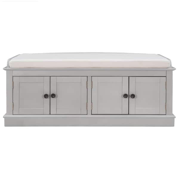 Utopia 4niture Viven 17.4 in. H x 42.70 in. W Gray Wash Wood 4-Door Shoe Storage Bench with Removable Cushion