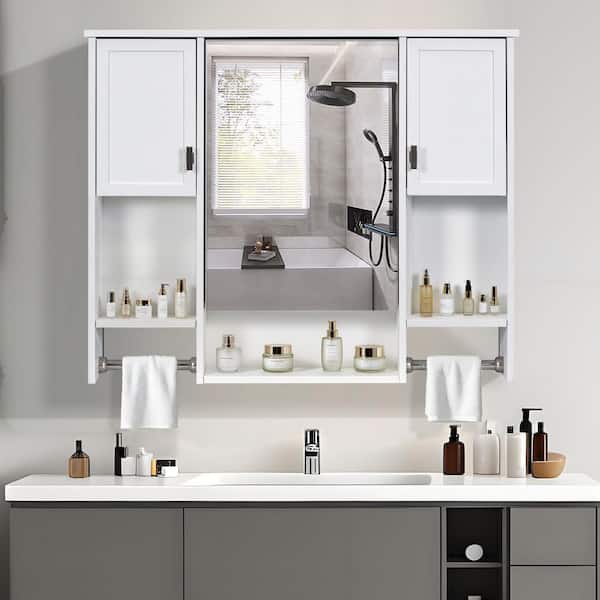 Andrea 35 in. W x 28.7 in. H Large Rectangular Surface Mount Medicine Cabinet with Mirror with Towels Bar in White