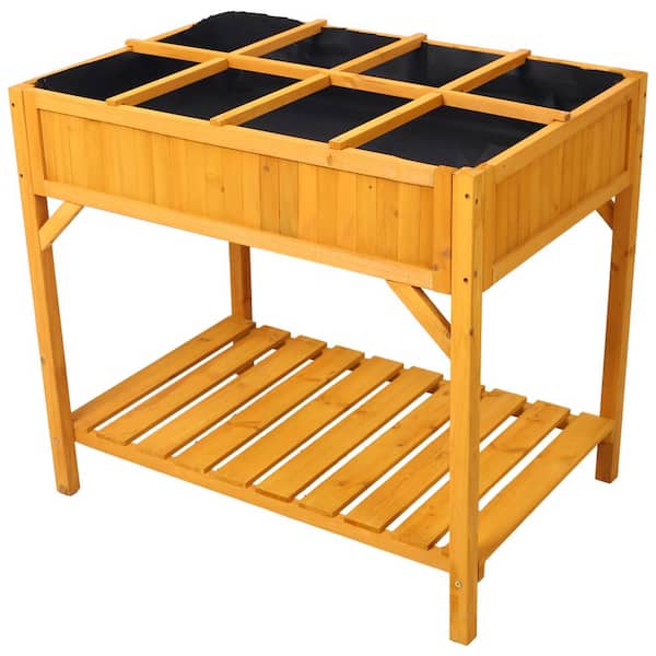 Misopily 36 in. Brown Wood Rectangular 8-Pocket Outdoor Planter Raised Beds with Protective Liner, Storage Shelf, Drainage Holes