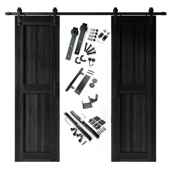 HOMACER 28 in. x 84 in. H-Frame Black Double Pine Wood Interior Sliding Barn Door with Hardware Kit, Non-Bypass