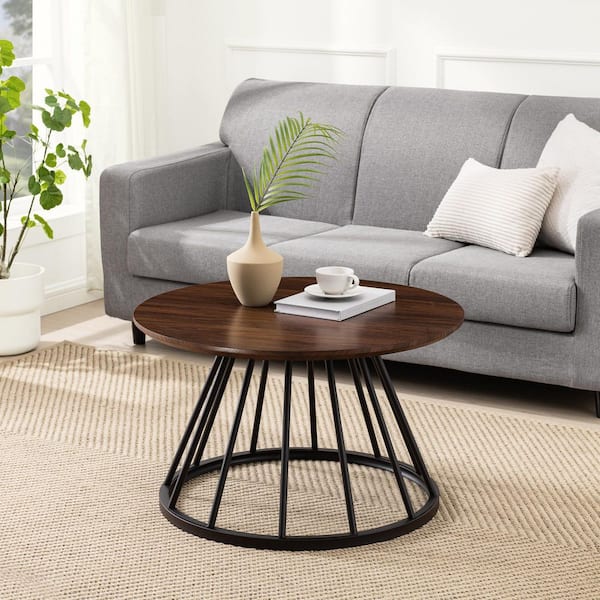 Walker Edison Furniture Company 30 in. Dark Walnut/Black Modern Round Wood-Top Coffee Table with Metal Cage Base
