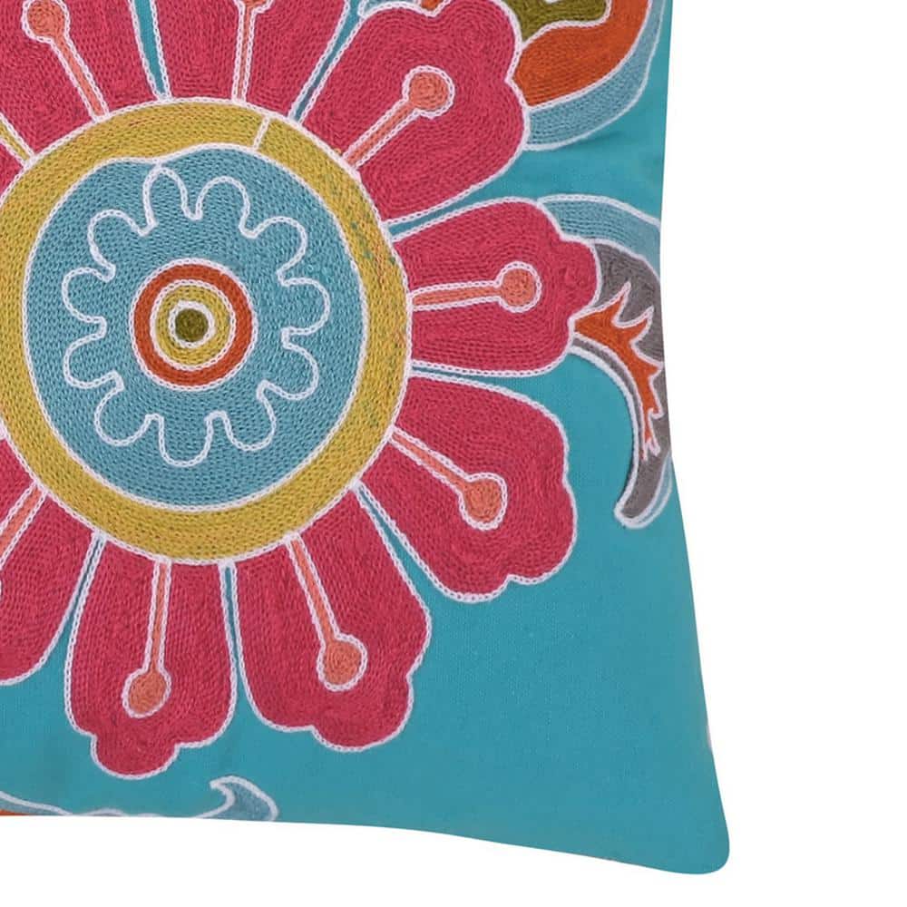 Palisades Crewel-Stitched Floral Decorative Pillow in Teal - 18"x18"