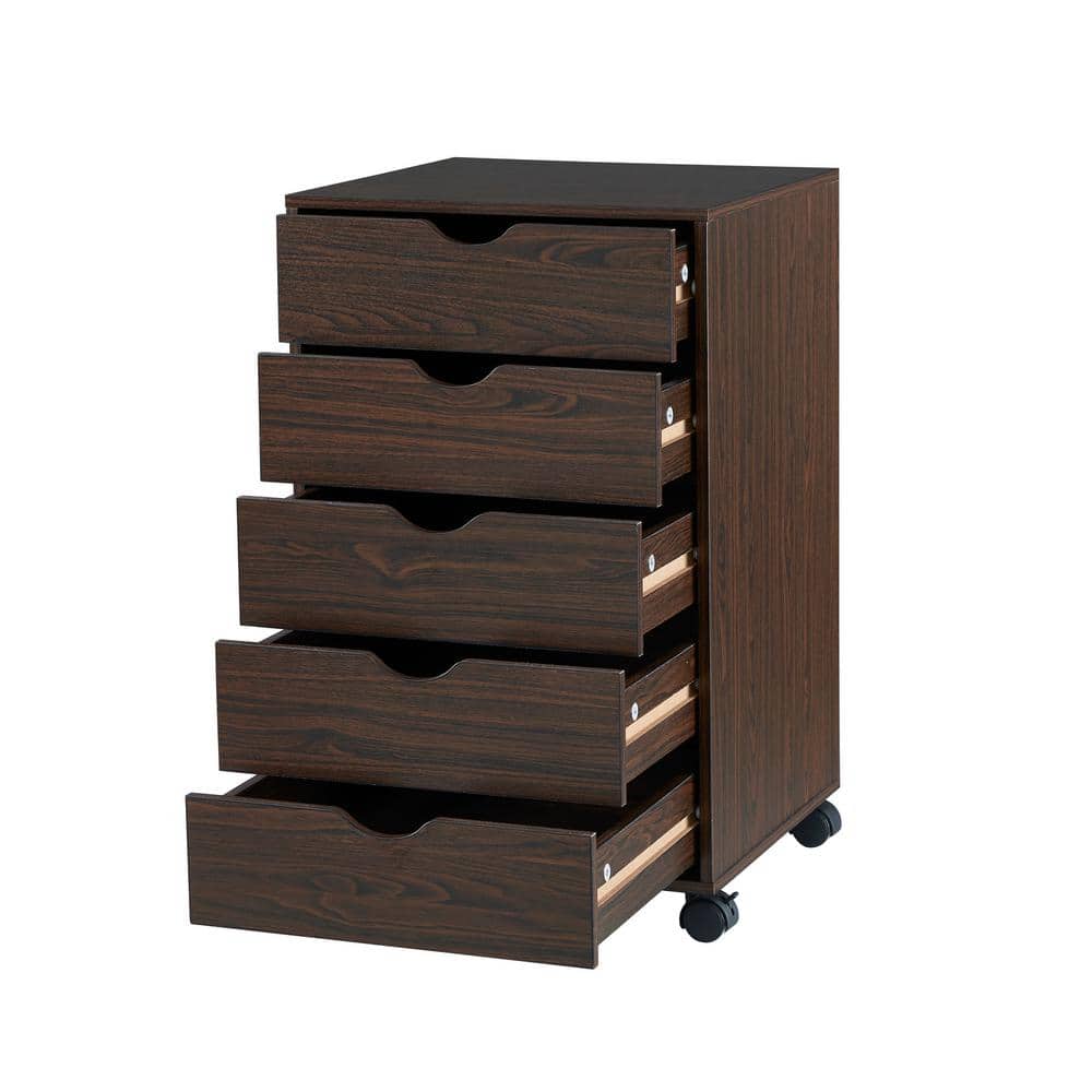 MAYKOOSH Espresso 5-Drawer Chest, Wood Storage Dresser Cabinet with Wheels, Craft Storage Organization, 180 lbs. Total Capacity, Brown -  11698MK