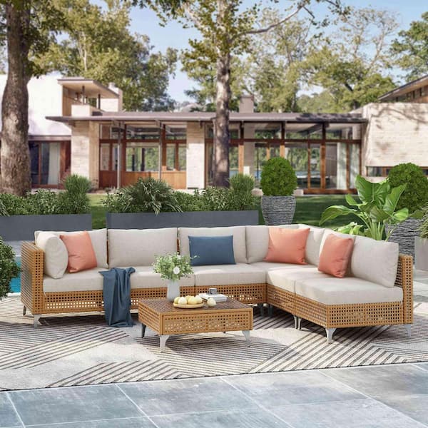 Polibi 7-Piece Wicker Frame Outdoor Patio Conversation Sectional Seating Set with Beige Cushions, Coffee Table