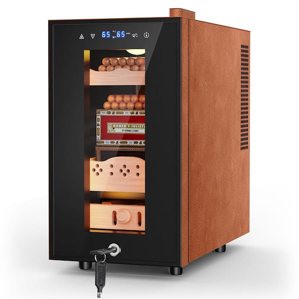 10.24 in. Single Zone Electric Cigar Humidor 25L Storage 220-Counts with Lock Humidity and Temperature Control in Brown