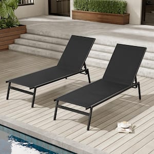 2-Piece Stackable Metal Outdoor Chaise Lounge with Adjustable Backrest in Black