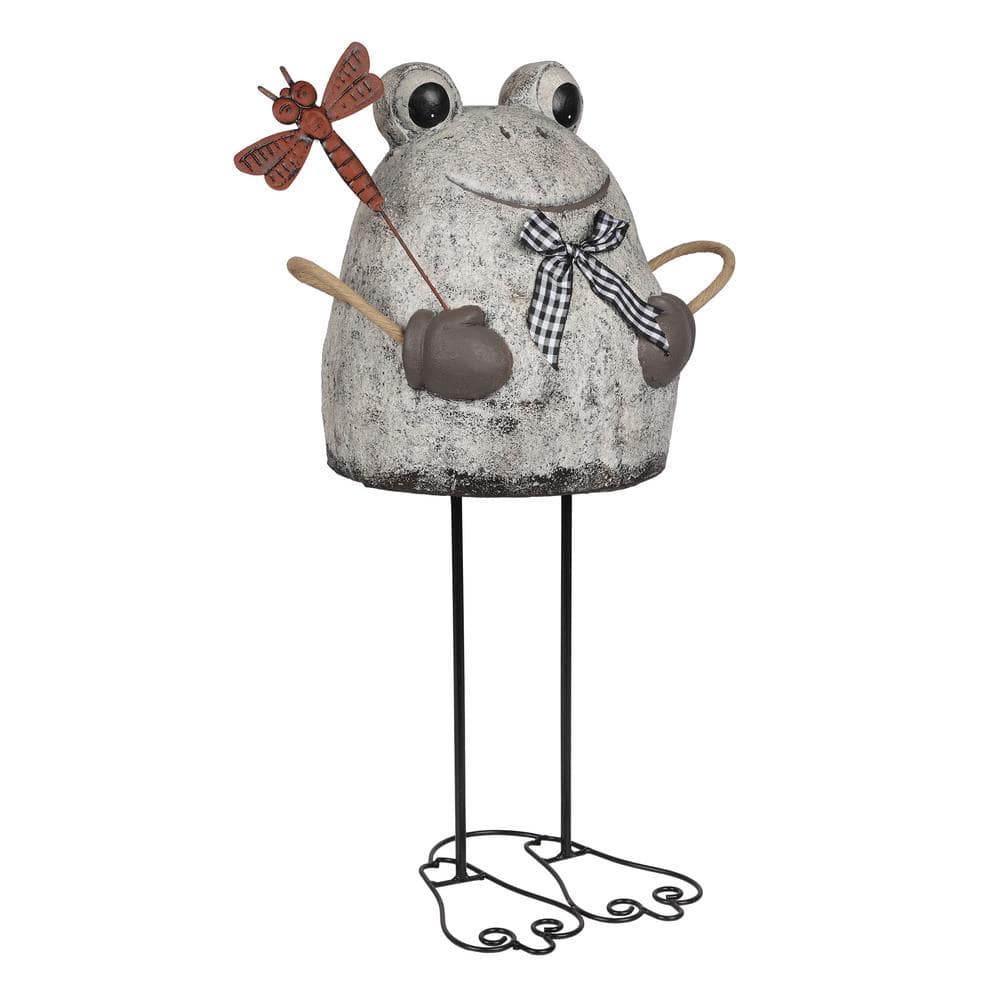 24" Stone Finish Frog with Metal Dragonfly Garden Statue