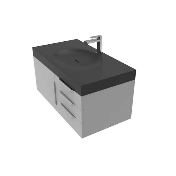 castellousa 36 in. W x 19 in. D x 16.25 in. H Single Floating Bath Vanity in Gray w/ Brushed Nickel Trim w/ Solid Surface Black Top