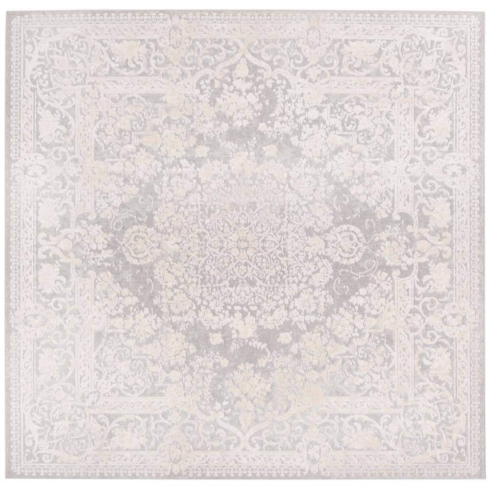 Light Grey and Cream Floral Square Synthetic Area Rug