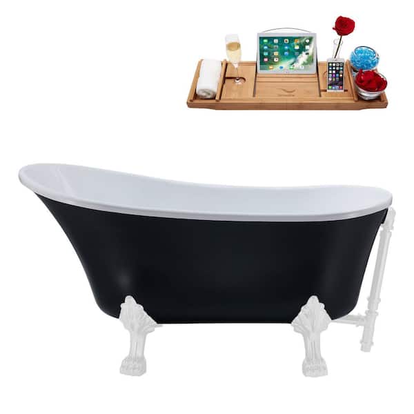 Streamline 63 in. Acrylic Clawfoot Non-Whirlpool Bathtub in Matte Black With Glossy White Clawfeet And Glossy White Drain