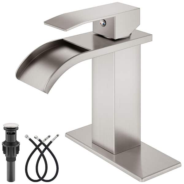 Single Handle Waterfall Spout Single Hole Bathroom Faucet with Deckplate and Pop-up Drain Assembly in Brushed Nickel