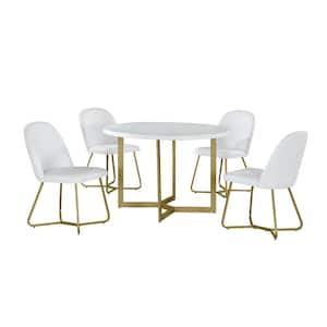 Daniela 5-Piece Circle White Wooden Top Dining Set with White Faux Leather Chairs