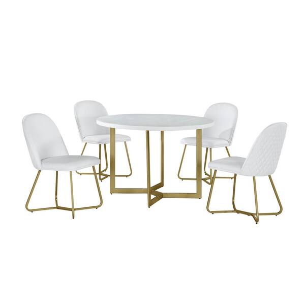 Best Quality Furniture Daniela 5-Piece Circle White Wooden Top Dining Set with White Faux Leather Chairs