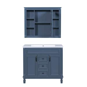 36 in. W x 18 in. D x 34 in. H Single Sink Freestanding Bath Vanity in Blue with White Resin Sink Top and Mirror Cabinet