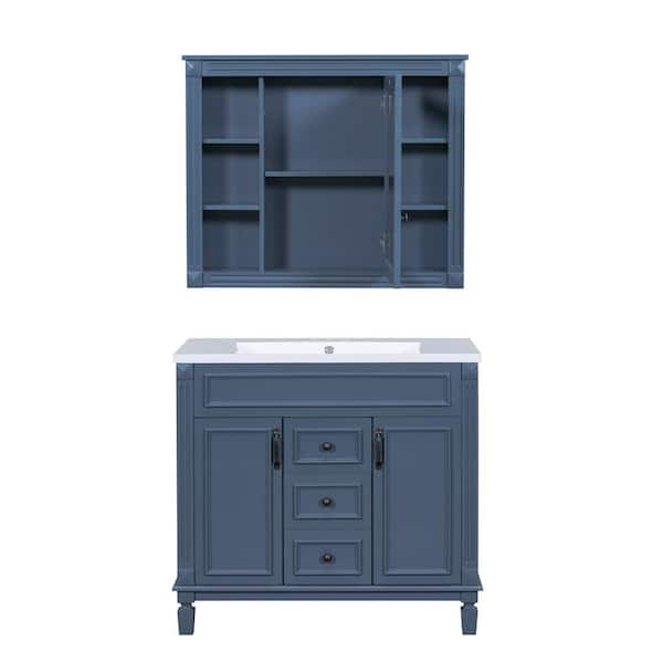 Unbranded 36 in. W x 18 in. D x 34 in. H Single Sink Freestanding Bath Vanity in Blue with White Resin Sink Top and Mirror Cabinet