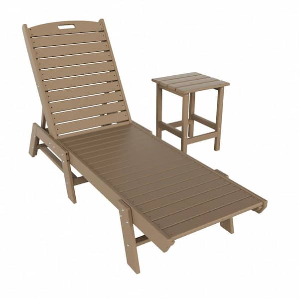 WESTIN OUTDOOR Laguna 2-Piece Weathered Wood Fade Resistant Poly HDPE Plastic Outdoor Patio Reclining Chaise Lounge Chair, Table Set