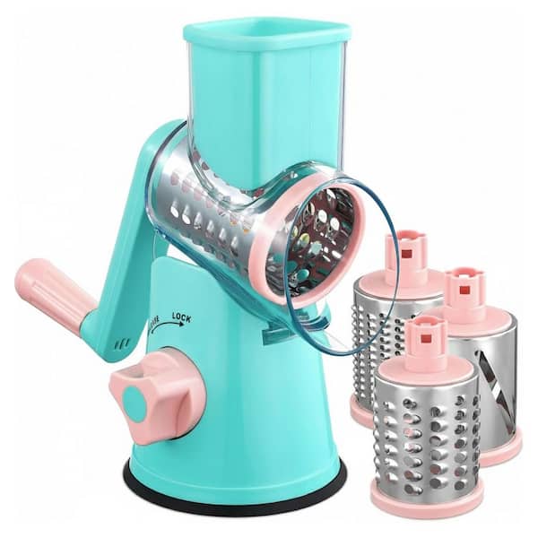 Blue-Green Rotary Cheese Grater Mandoline Vegetable Slicer with 3 Stainless Steel Blades and Suction Base, Easy Clean
