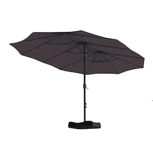 15 ft. Steel Patio Double-Side Market Umbrella with Base and Solar Light with Base in Coffee
