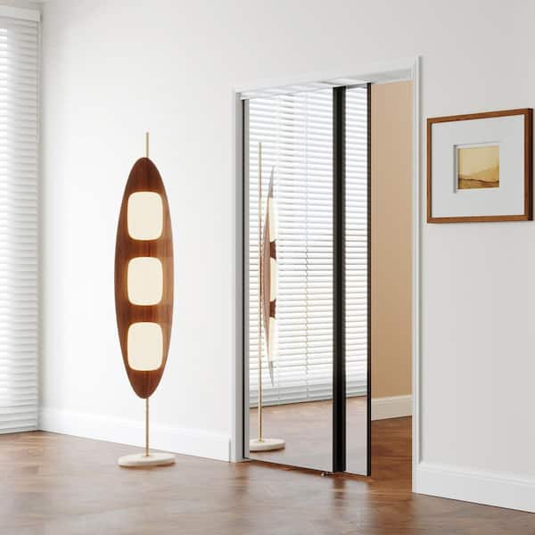 60 in. x 80 in. Full Lite, MDF, Black, Mirrored Glass Sliding Door with Aluminum Frame and Handles