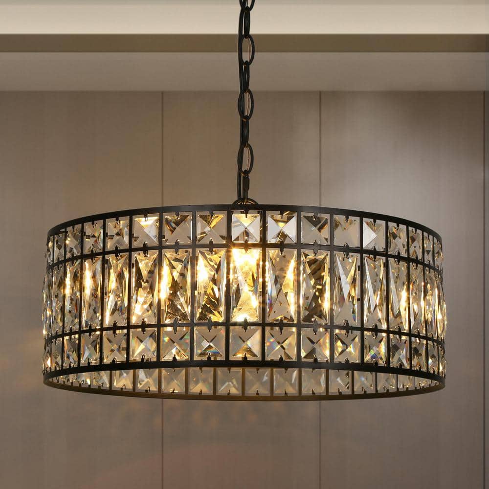 Matte Black and Crystal 18" Drum Chandelier