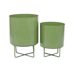 16 in., and 13 in. Medium Green Metal Planter (2- Pack)