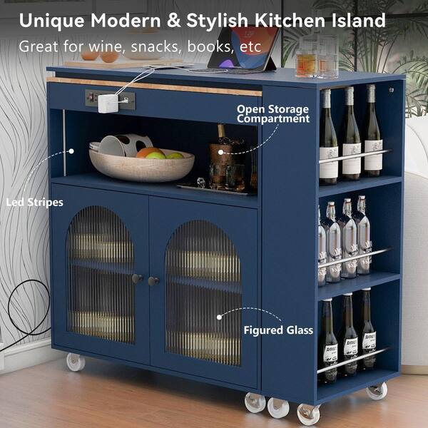 Ziyudura Blue Wood 33 in. Kitchen Island with Extended Table, LED
