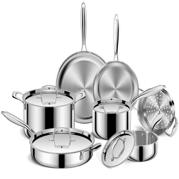 11-Piece Stainless Steel Cookware Set in Silver, Oven and Dishwasher Safe, Induction Compatible, PFOA Free, Non Toxic