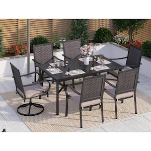 Black 7-Piece Metal Patio Outdoor Dining Set with Straight-Leg Rectangle Table and Rattan Arm Chairs with Beige Cushion