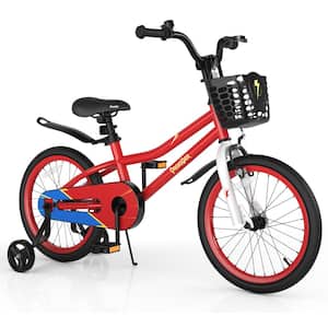 18 in. Kid's Bike with Removable Training Wheels and Basket for 4-Years to 8-Ye\ars Old Boys Girls Red