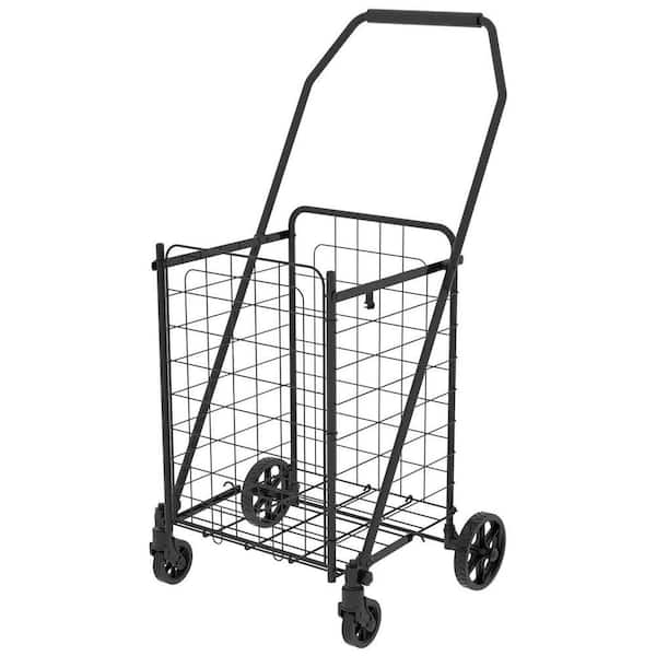 Foldable Shopping Cart with Door, Serving Cart with Double Basket and 360° Swivel Wheels