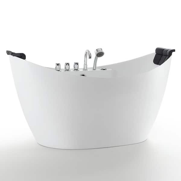 Empava 59 in. Center Drain Acrylic Freestanding Flatbottom Whirlpool Bathtub in White with Faucet - Water Jets