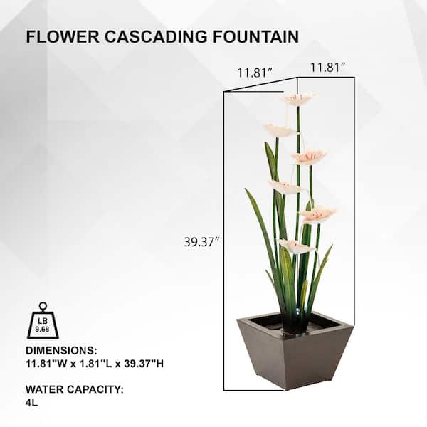 Metal Sculptural Multi-Tiered Flower Water Fountain, Multicolored, 39 in. Tall, with LED Lights