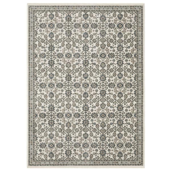 Eclipse Ivory/Blue 10 ft. x 13 ft. Traditional Oriental Floral Polyester Fringe-Edge Indoor Area Rug