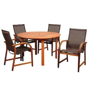 Bahamas 5-Piece Eucalyptus Round Patio Dining Set with Brown Sling Seat