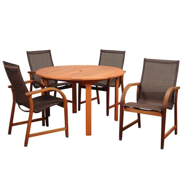 Amazonia Bahamas 5-Piece Eucalyptus Round Patio Dining Set with Brown Sling Seat