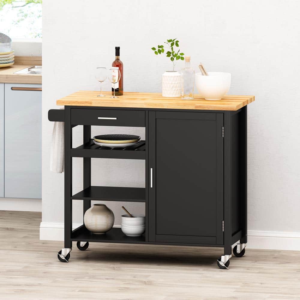 Black and Natural Wood Kitchen Cart with Storage