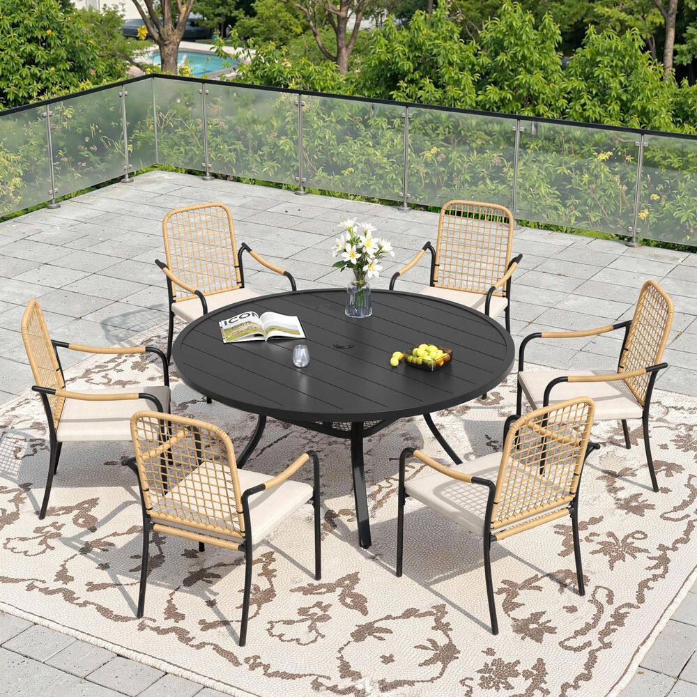 7-Piece Metal Outdoor Dining Set with 47.2 in. Black Round Dining Table and 6 Wicker Dining Chairs with Beige Cushions price history on PriceWatchPro