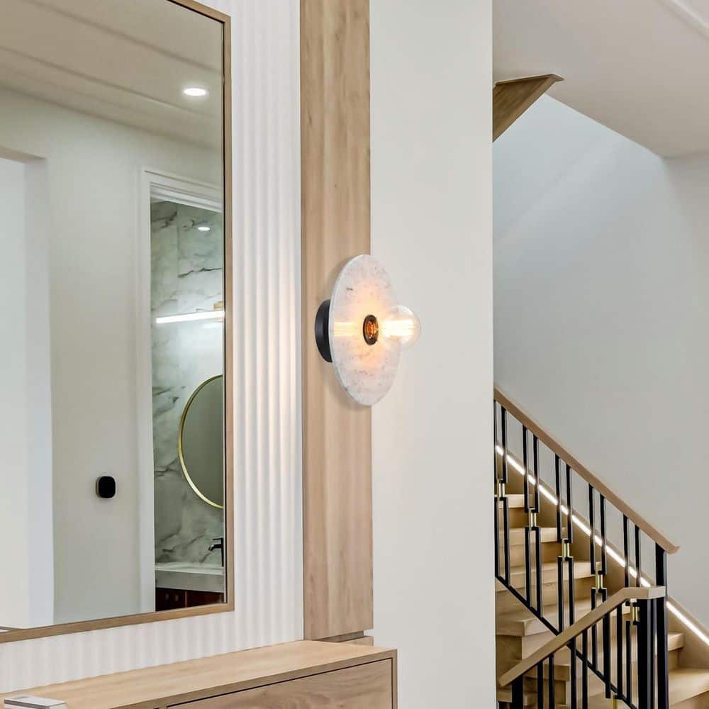 Fina 12 in. 1-Light Matte Black Indoor Wall Sconce Light with Natural Marble for Bathrooms price history on PriceWatchPro