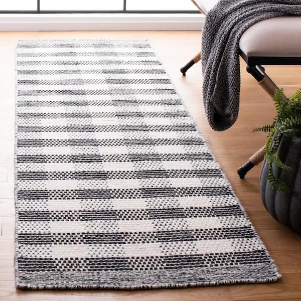 Striped Kilim Black Ivory 2 ft. x 8 ft. Plaid Runner Rug