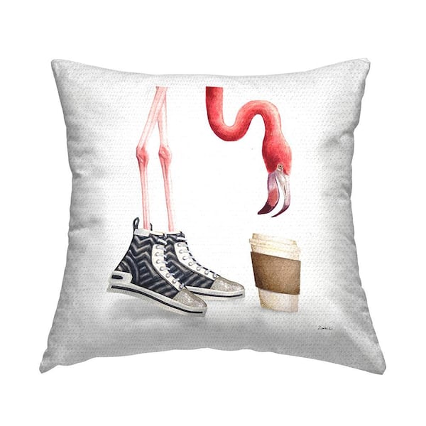 Fun Flamingo Coffee Cup Sneakers Pink Square Outdoor Throw Pillow