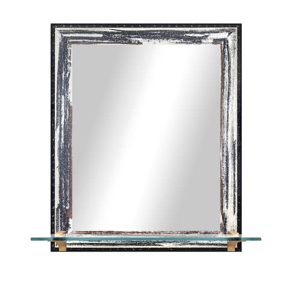 Unbranded 21.5 in. W x 25.5 in. H Modern Rustic Framed Ivory/Navy Vertical Mirror with Tempered Glass Shelf and Brass Brackets