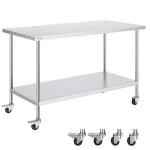 Stainless Steel Work Table Silver Kitchen Prep Table 30 x 60 x 38 In, with 4 Wheels, 3 Adjustable Height Levels