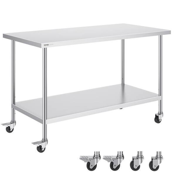 Stainless Steel Work Table Silver Kitchen Prep Table 30 x 60 x 38 In, with 4 Wheels, 3 Adjustable Height Levels