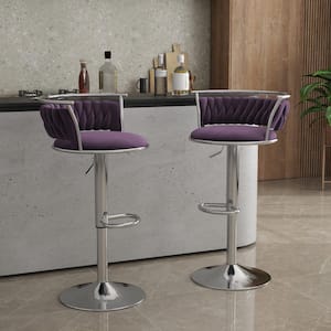 38.7 in. Swivel Adjustable Height Low Back Silver Metal Frame Bar Stool with Purple Velvet Seat Cushion (set of 2)