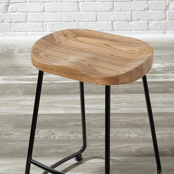 Modern Black Metal Backless Counter Stool with Wood Seat (Set of 2)
