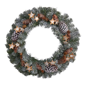 24 in. Artificial Unlit Christmas Winter Frosted Stars and Pinecones Holiday Wreath