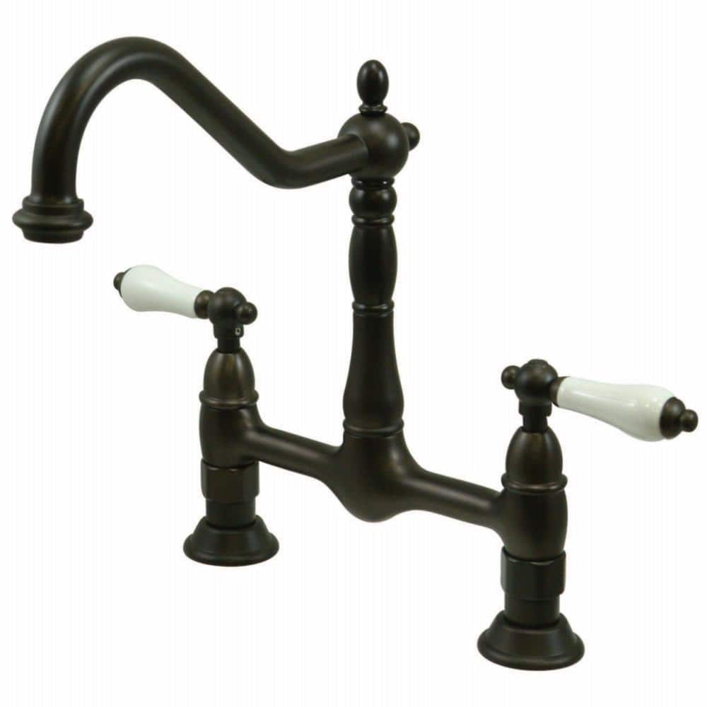 Kingston Brass Heritage 2Handle Bridge Kitchen Faucet with Porcelain Handles in Oil Rubbed
