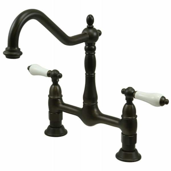 Kingston Brass Heritage 2-Handle Bridge Kitchen Faucet with Porcelain Handles in Oil Rubbed Bronze