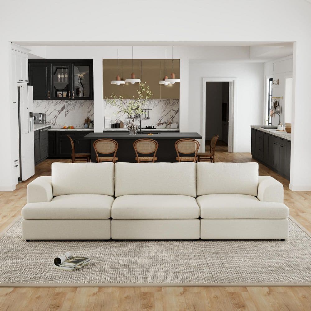 118 in. Flared Arm Boucle Fabric Modular Sectional Sofa Oversized Cloud with Washable Covers in Beige